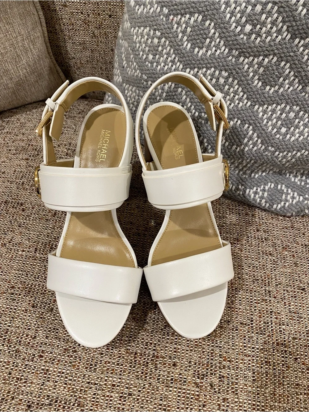 Michael Kors White Platform Block Heel Sandals with Brown Wood-Look Sole